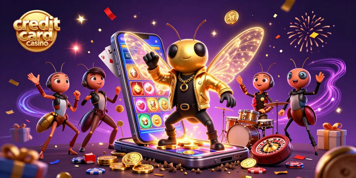 Experience the excitement of a credit card casino with a vibrant, celebratory scene of animated characters and casino elements.