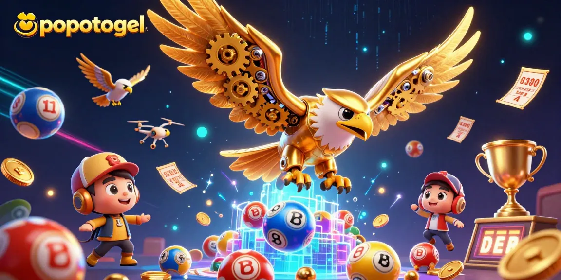 Engage with popotogel’s thrilling lottery experience through dynamic illustration of golden eagles and lottery elements.