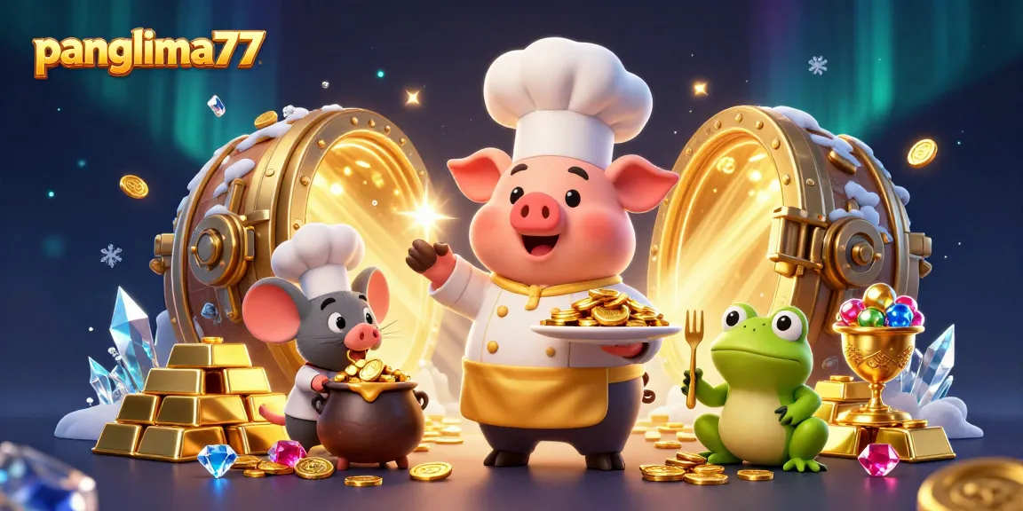 Panglima77 pig chef serves gold coins in a vibrant casino scene with festive elements and treasures.
