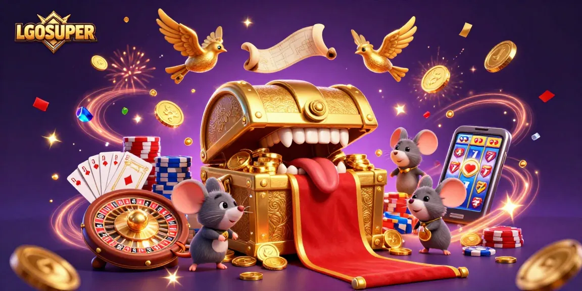 Engage with LGOSUPER by spinning the exciting 3D roulette wheel and capturing treasures in a vibrant casino illustration.