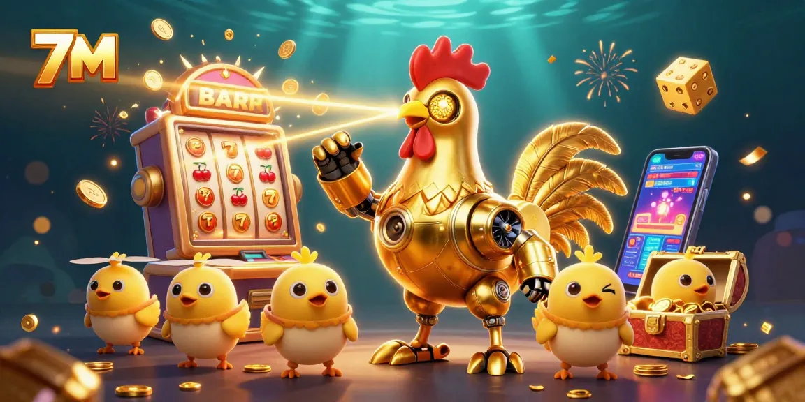 Engage with 7M's thrilling casino atmosphere featuring a golden rooster robot and slot machine jackpots.