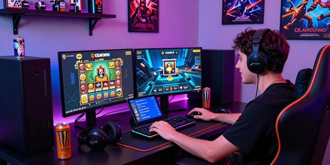 CICAKWIN gaming experience with player at a vibrant computer setup, showcasing online slot excitement.