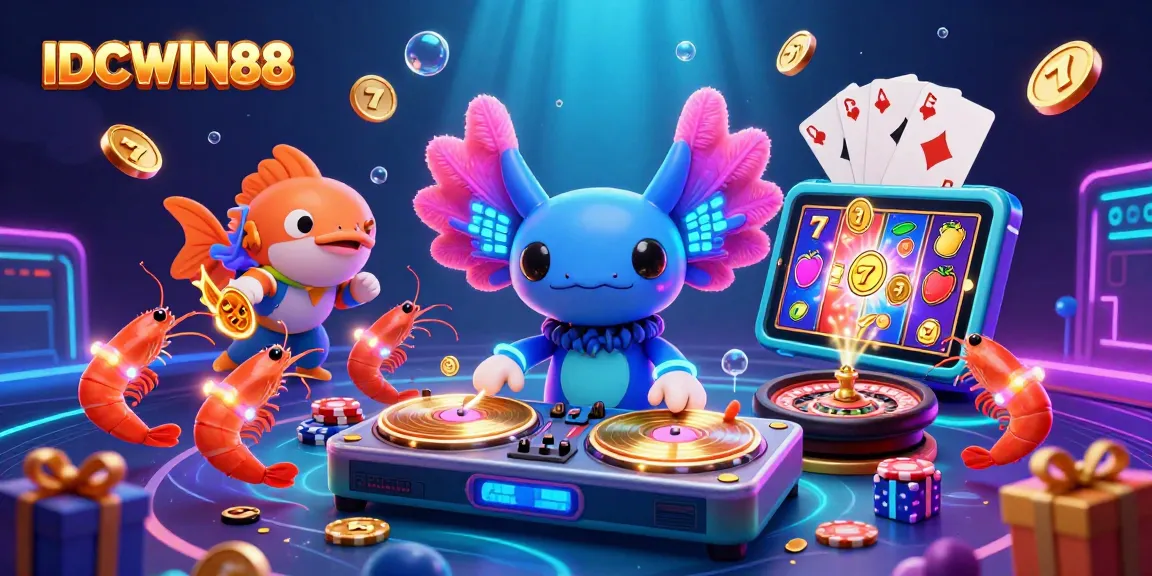 Spin and win with IDCWIN88 in this vibrant 3D casino illustration featuring lively slot reels.