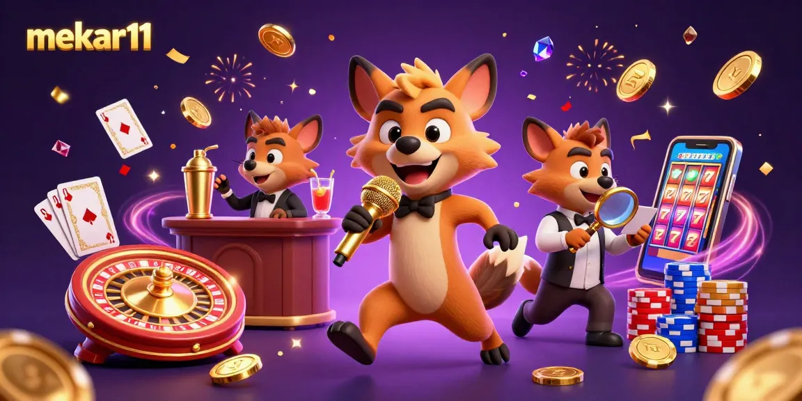 Experience thrilling fun at mekar11 with lively hyenas in a casino scene featuring slot machines and golden chips.