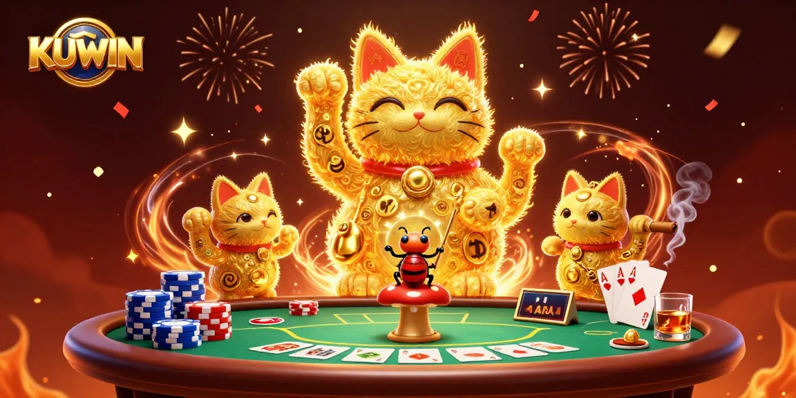 Play exciting games at KUWIN, where golden fireflies create a lucky cat amidst vibrant casino symbols.