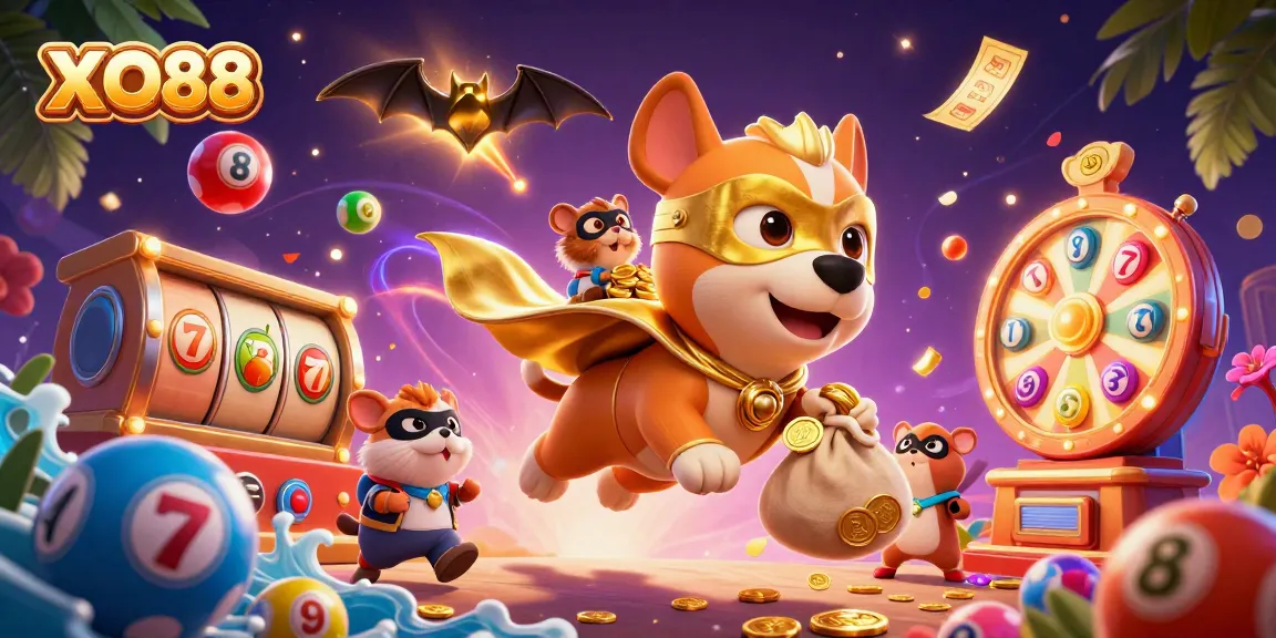 Experience the thrilling gameplay of XO88 with a dynamic 3D superhero scene packed with casino elements.