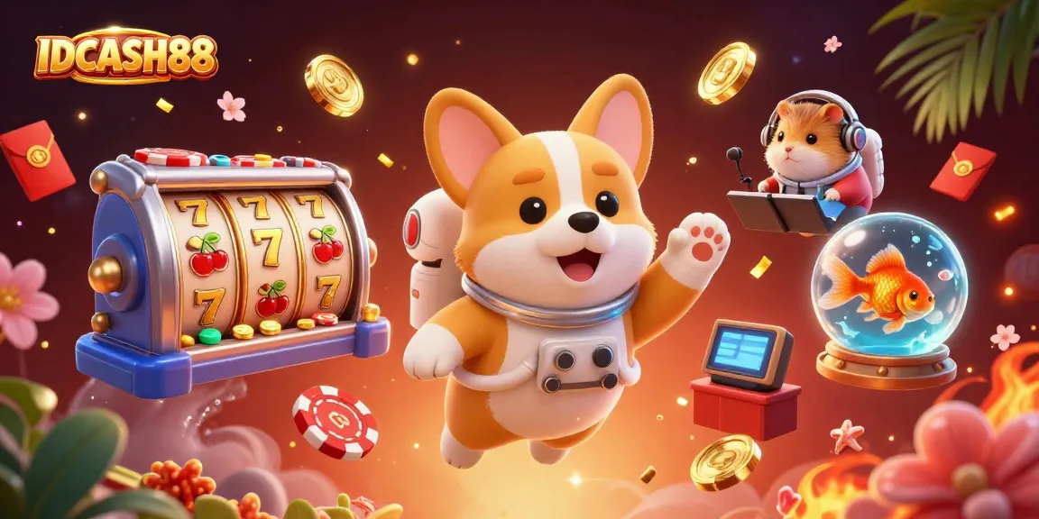 Engage with IDCASH88's vibrant casino atmosphere featuring a playful corgi and a hamster in a thrilling gaming scene.