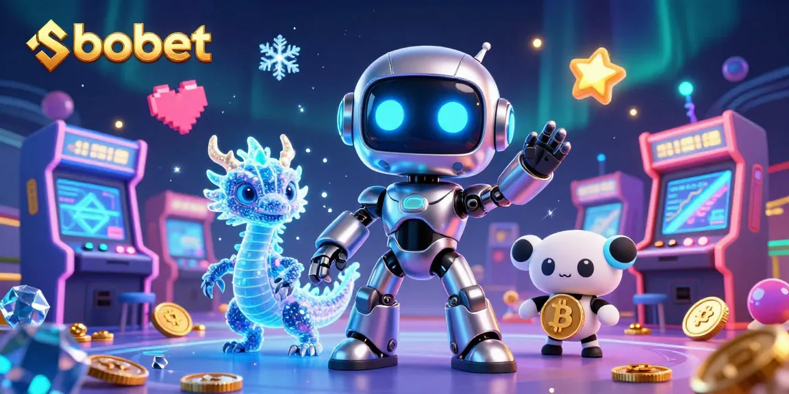 Experience sbobet's vibrant gaming world with a dynamic 3D illustration of a cyberpunk mascot and gaming elements.