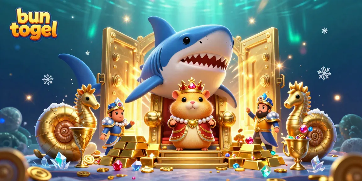 Menangkan jackpot besar di bun togel dengan ilustrasi slot dan raja hamster emas.
