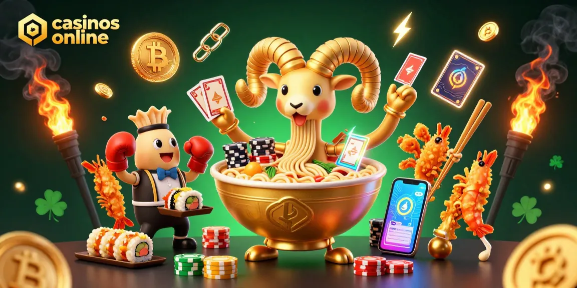 Casinos online con un alegre tazón de ramen y sus amigos ofreciendo juegos y apuestas emocionantes.