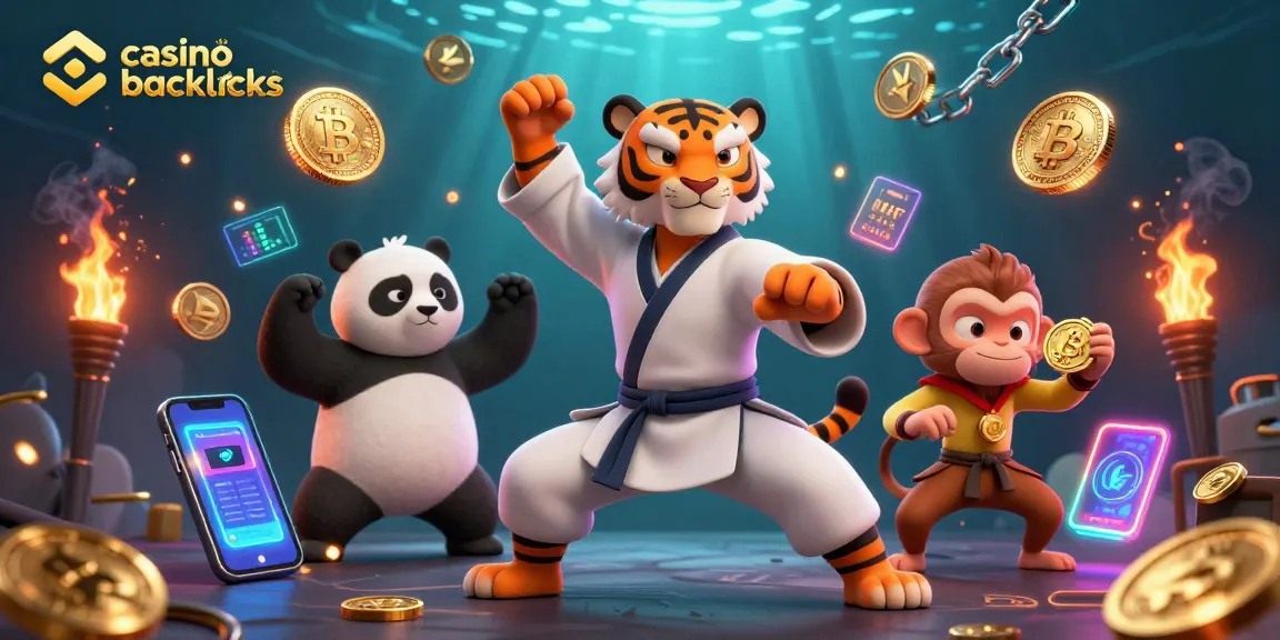 Engage with casino SEO backlinks through an illustrated scene of a kung fu tiger master and companions in action.