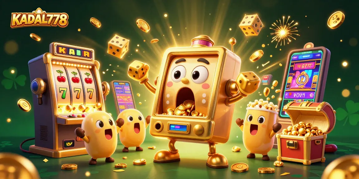 KADAL778 offers a thrilling jackpot experience with a lively golden slot machine and cheering characters, enhancing casino fun.