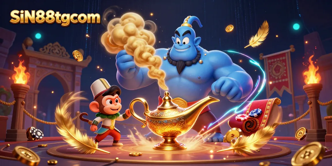 SIN88tgcom showcases an exciting scene with a genie, monkey, and magic carpet amidst a rich casino atmosphere.