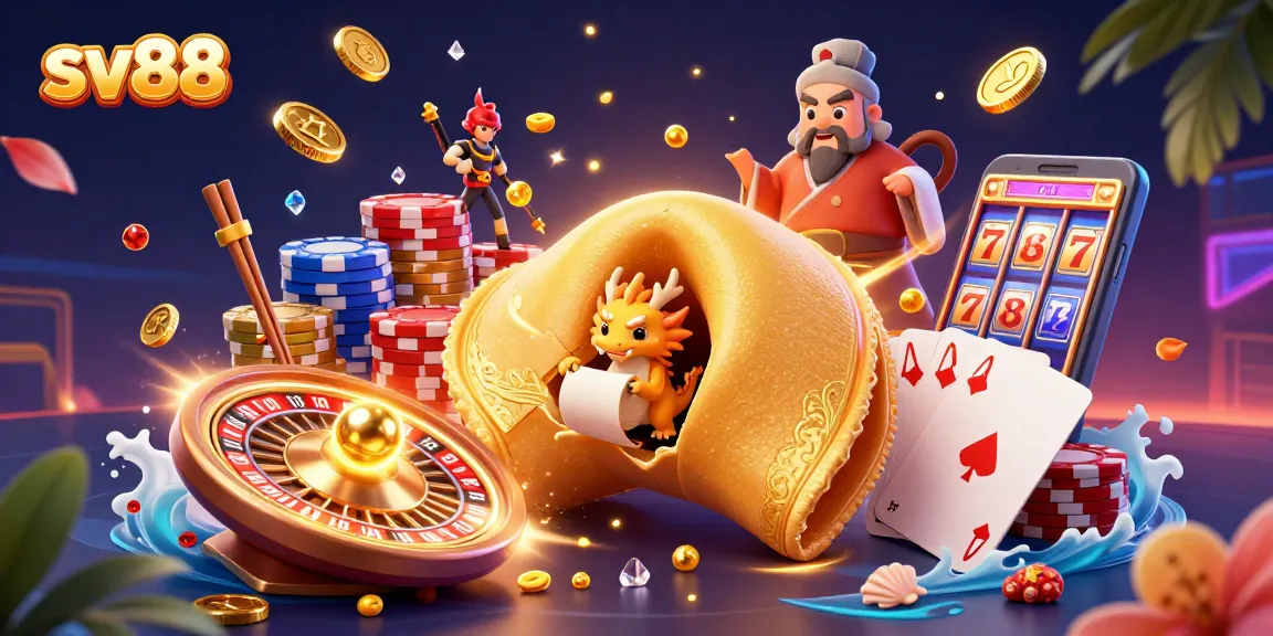 Experience winning at sv88 with a lively scene featuring fortune cookies, coins, and gems.