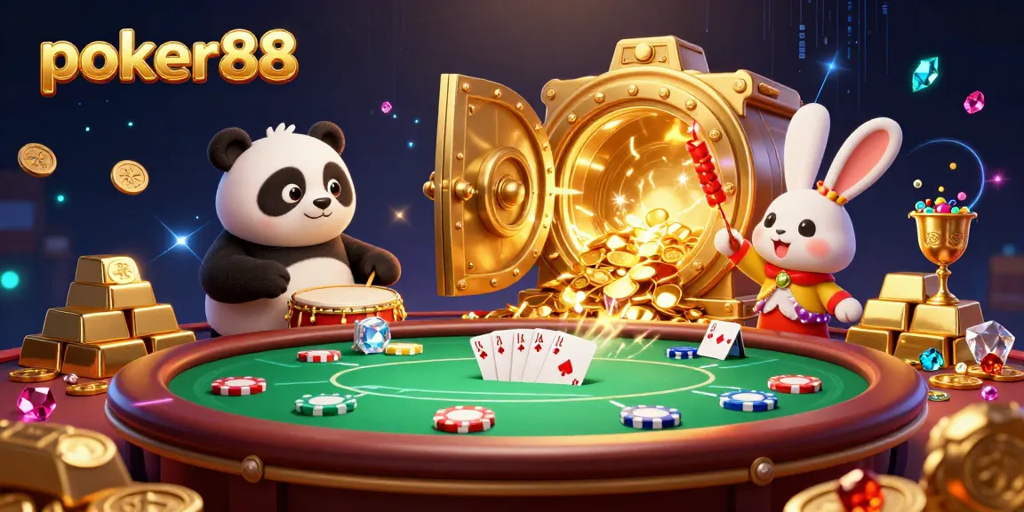 Engage with poker88 at a vibrant poker table, surrounded by festive characters and gold treasures.