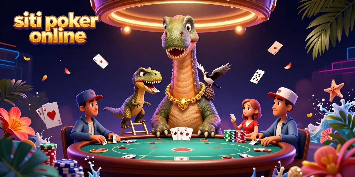 I migliori siti poker online presentano un brontosauro 3D che osserva un tavolo da poker, con una raptor che distribuisce le carte