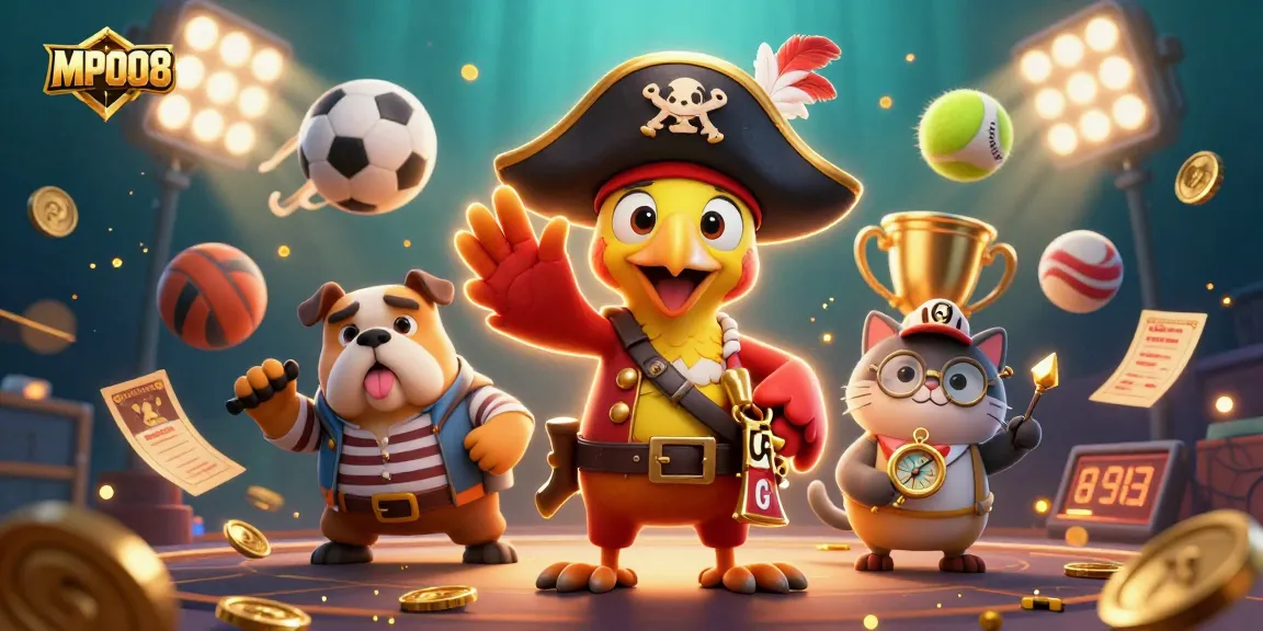 MPO08 captivates players with a dynamic 3D pirate scene showcasing sports betting excitement and vibrant casino elements.