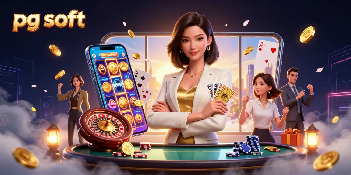 Engage with pg soft mobile slots featuring a powerful woman in a casino scene surrounded by gaming elements.
