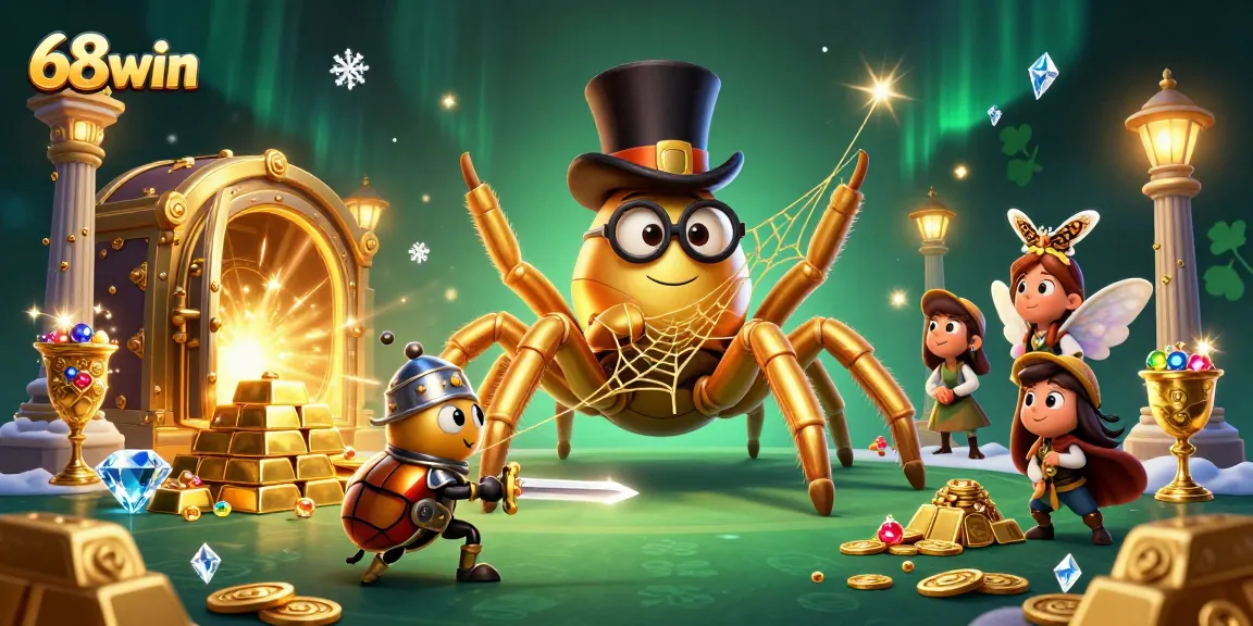 Experience the thrill of winning at 68win with a golden tarantula and beetle knight in a vibrant casino scene.