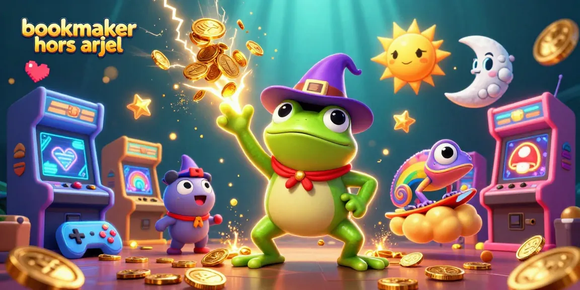 Parier sur un bookmaker hors ARJEL avec une illustration animée d'une grenouille magicienne et un caméléon sur un nuage doré.