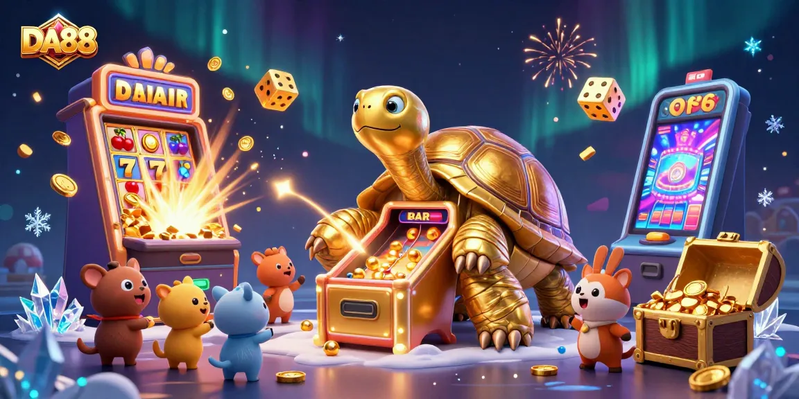Play exciting games at DA88 with a colorful scene filled with jackpots, golden turtles, and lively casino elements.