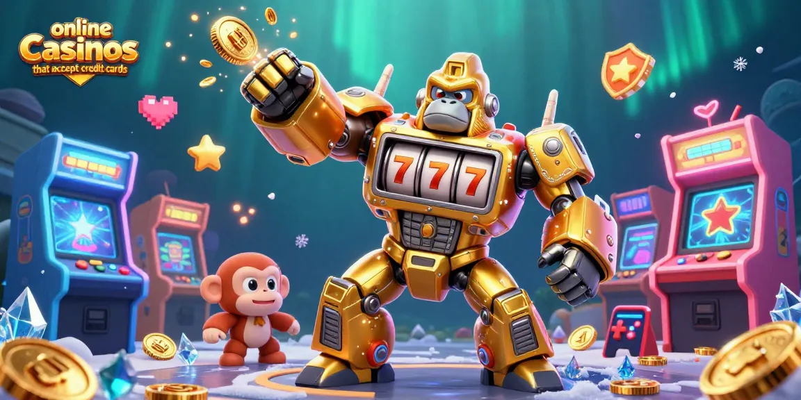 Engage with online casinos that accept credit cards featuring a dynamic gorilla mech surrounded by vibrant gaming elements.