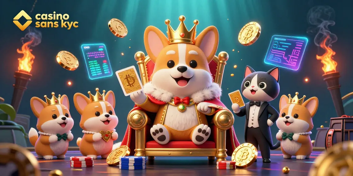 Jouer dans un casino sans KYC avec des corgis royaux entourés de pièces de crypto-monnaie.