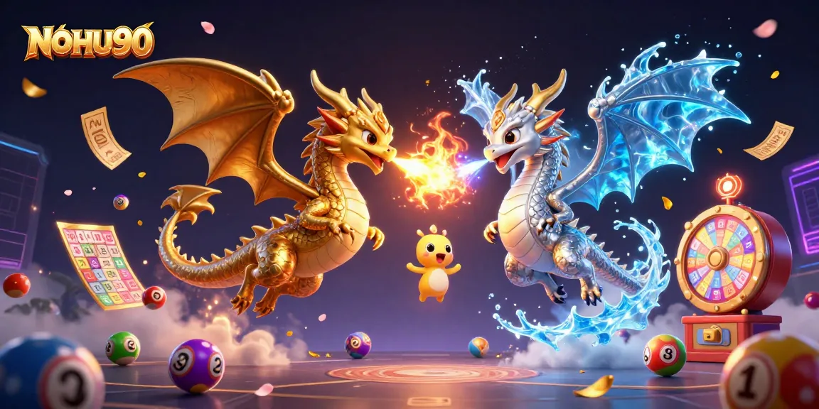 Experience excitement at NOHU90 with a vibrant scene featuring dragons and dynamic gaming elements.