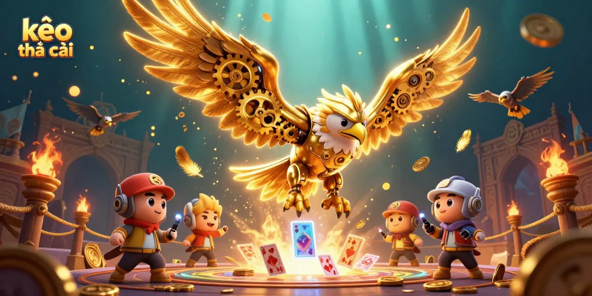 Engage with kèo nhà cái through a vibrant 3D casino scene featuring a golden eagle and dynamic elements.