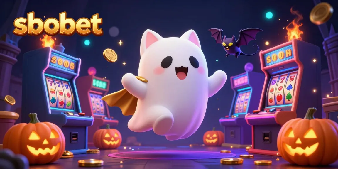 Experience sbobet gaming magic with a ghost cat and vibrant slot symbols in a haunted casino.