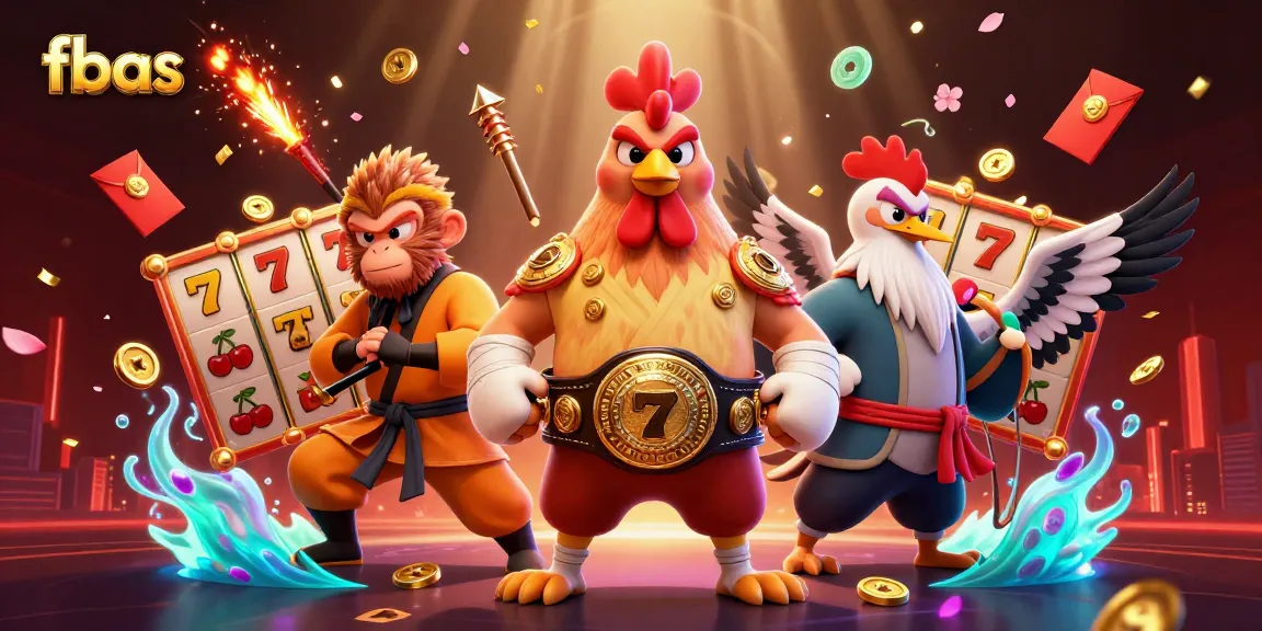 Engage in thrilling 3D gambling with fbas featuring a Muay Thai rooster, Shaolin monkey, and crane master amidst slot reels.