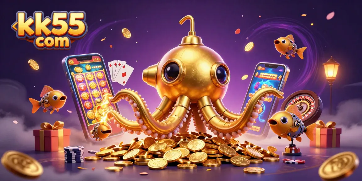 Join the excitement with kk55 com, as golden coins and interactive gambling elements come alive in this vibrant casino scene.