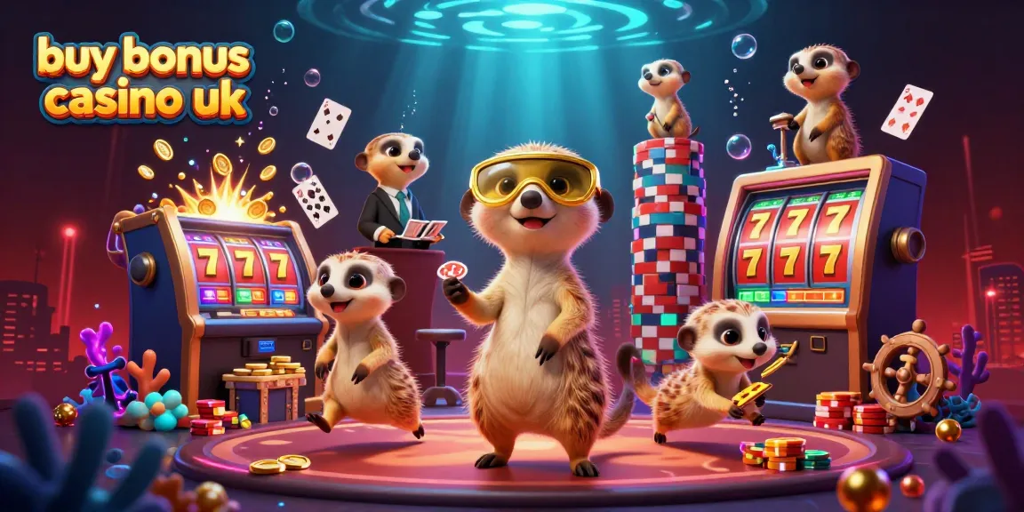 Play exciting buy bonus casino uk slots with meerkats in a vibrant casino scene.