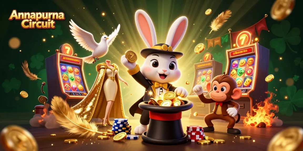 Annapurna Circuit themed illustration featuring a magician rabbit, sparkling coins, and slot machines.