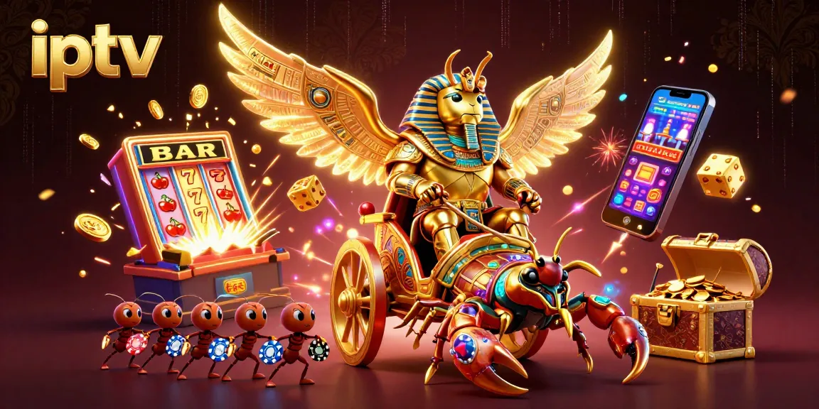 Play with iptv as a colossal scarab beetle leads a dynamic casino scene filled with vibrant gaming elements.