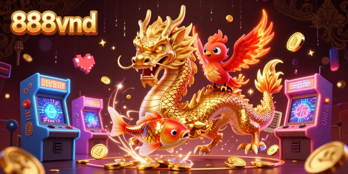 Play exciting games on 888vnd with a golden dragon, phoenix, and koi fish showcasing jackpot fun