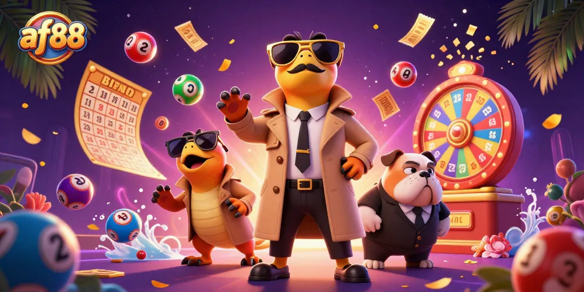 Experience excitement at af88 with lively lottery balls and raptors in a trench coat entering a casino.