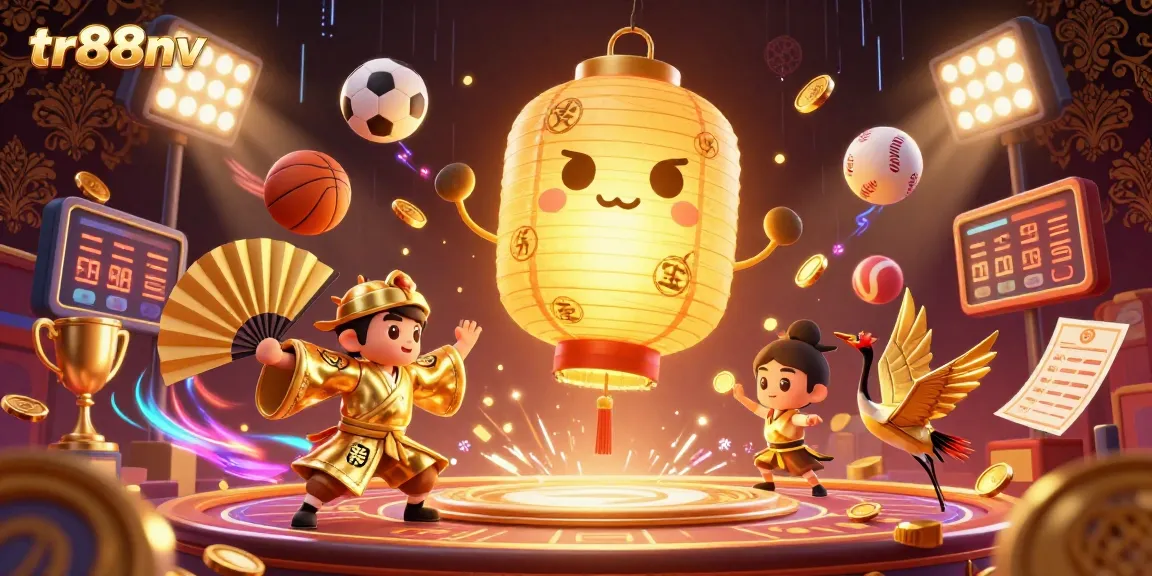 Engage with tr88nv's vibrant 3D casino atmosphere featuring a golden lantern spirit amidst dynamic sports betting elements.