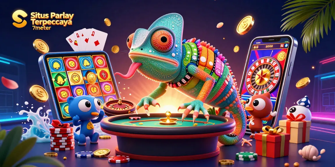 Situs Parlay Terpercaya 7meter enhances the betting experience with vibrant gaming elements and animated chameleon character.