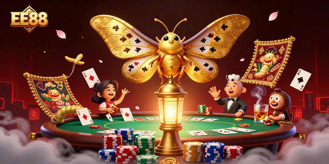 Engage with EE88 by exploring vibrant casino scenes featuring golden moths and poker elements.