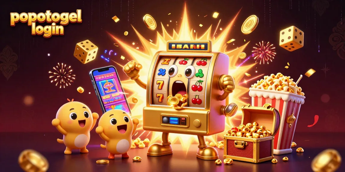 Popotogel login shows an exciting scene with golden slot machines celebrating a jackpot, drawing players in.