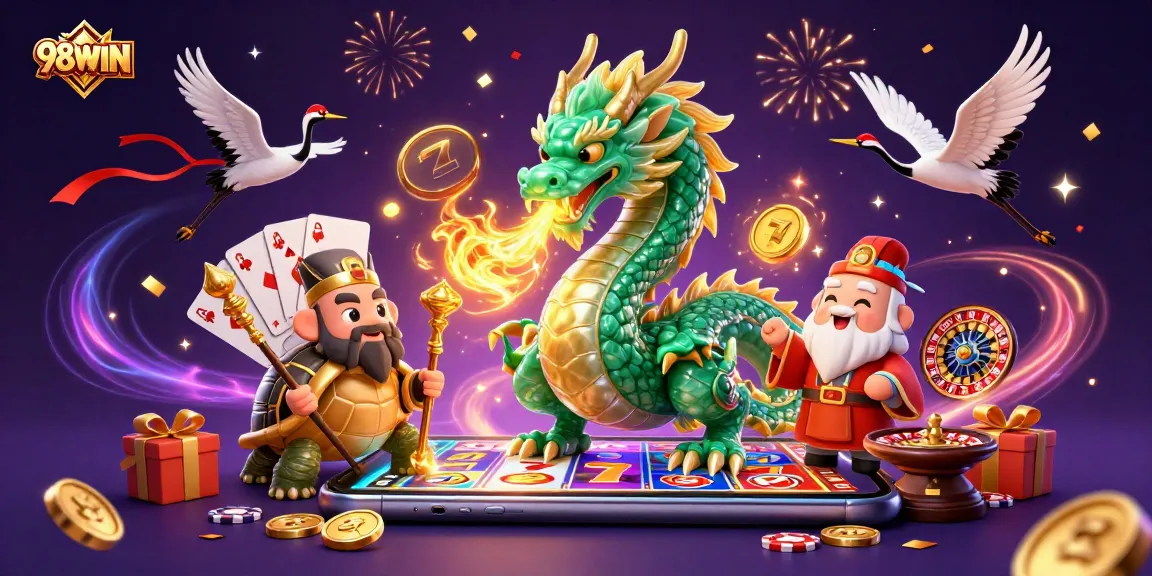 Experience thrilling slots and games with 98WIN, featuring a vibrant 3D casino scene.