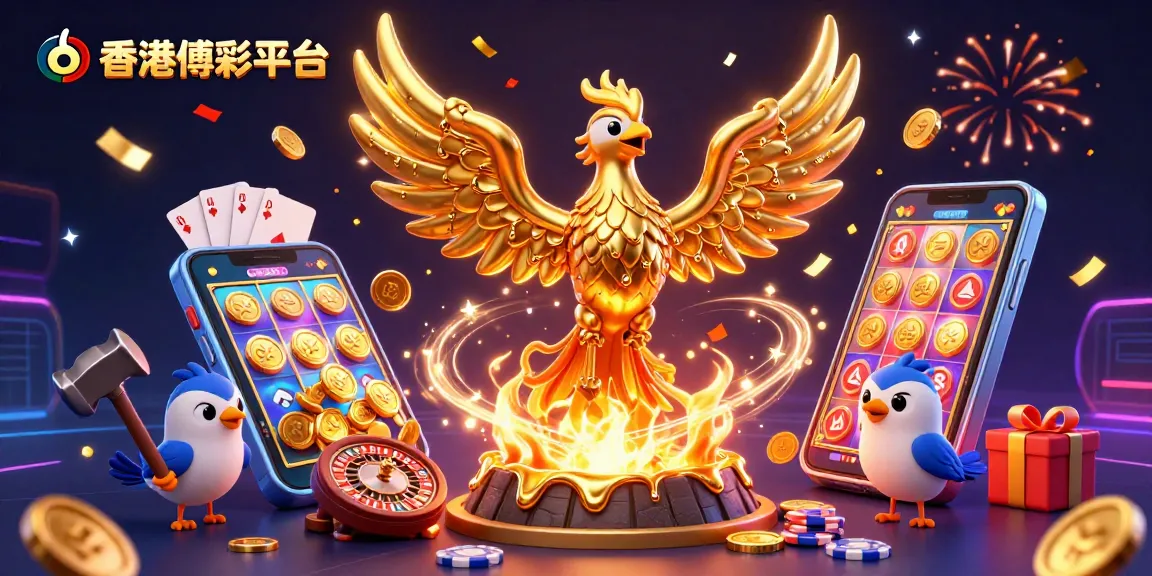 在香港博彩平台中，金色鳳凰和助手們慶祝遊戲勝利，散落的獎金和遊戲元素增添熱鬧氣氛。