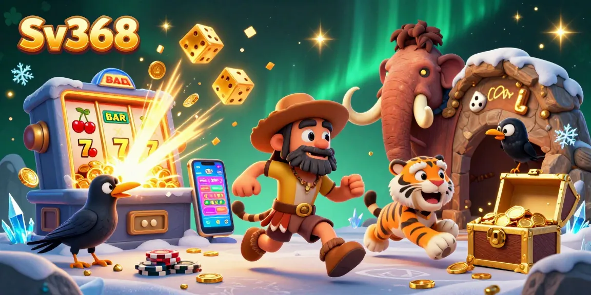 Sv368 gambling illustration featuring a caveman and sabertooth duo running a casino with colorful game elements.