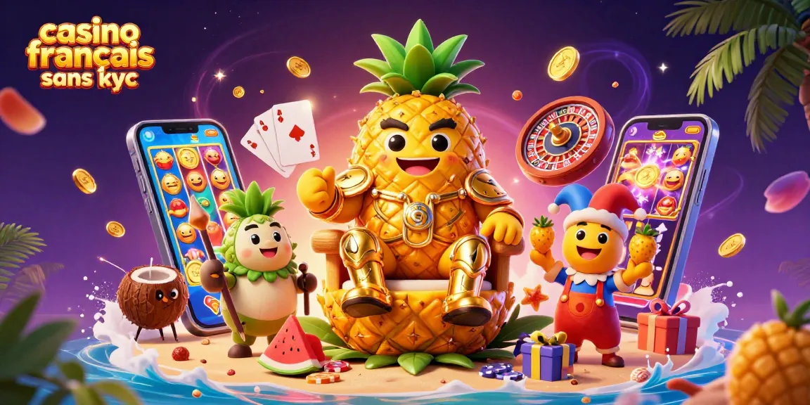 Jouez au casino français sans KYC avec des personnages colorés dans un cadre tropical, illustrant le jeu excitant.