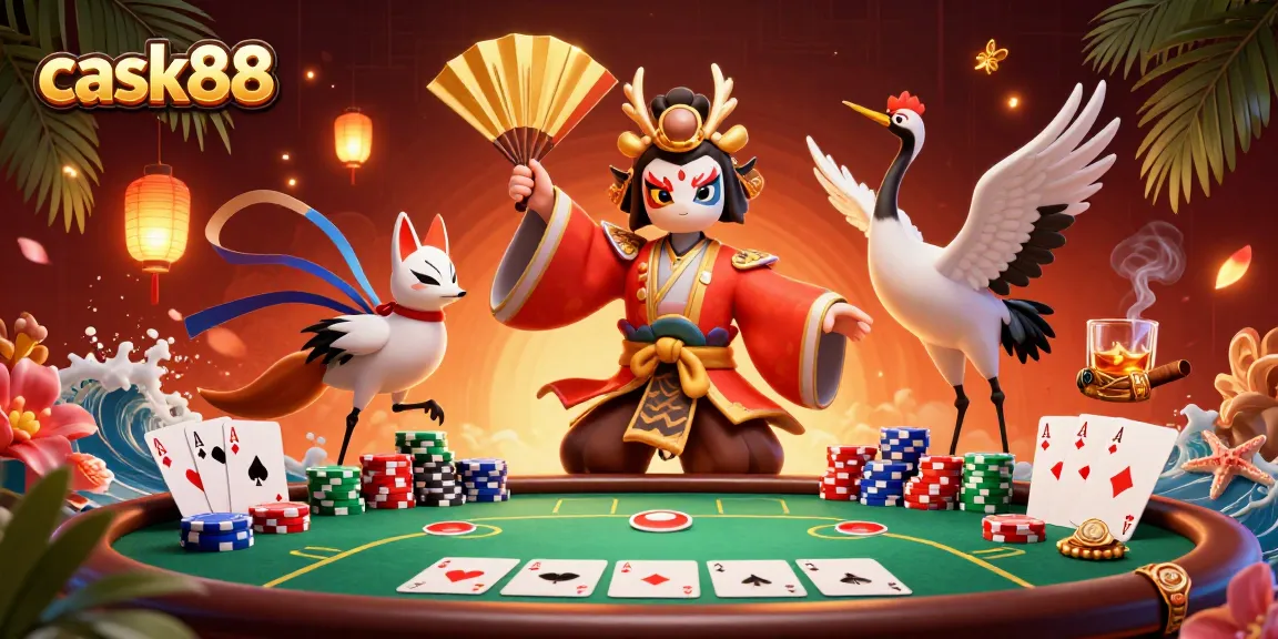 Experience thrilling poker excitement at cask88 with a vibrant illustration of kabuki warrior characters.