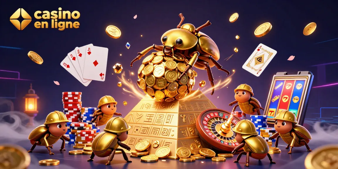 Pariez au casino en ligne avec des joies et des jeux ! Illustration colorée d'un scarabée doré plein de pièces.