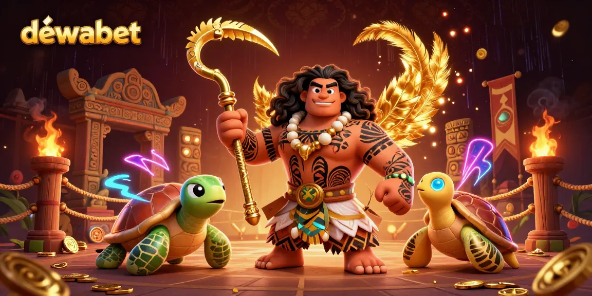 Menempatkan taruhan di dewabet dengan ilustrasi karakter god hawk dan kura-kura di kasino yang megah.