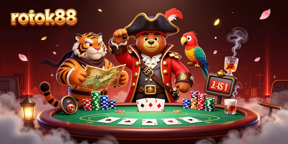 Experience the thrill of rokok88 gaming with an exciting poker scene featuring pirate characters and vibrant casino elements.