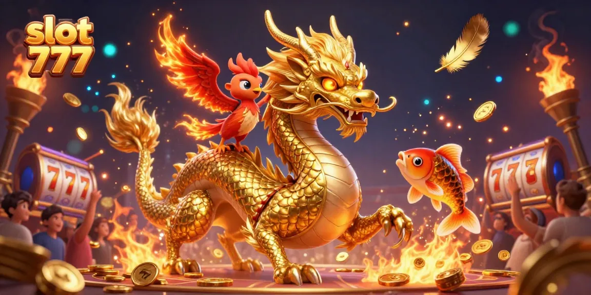Experience thrilling wins at slot 777 with golden dragon, phoenix, and koi fish amidst vibrant casino elements.